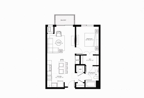 Floor plan for 1 bed, 1 bath, 763 sqft